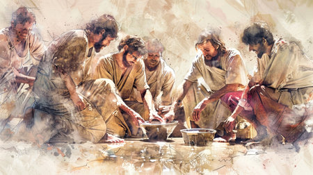 A watercolor painting depicting Jesus washing the feet of his disciples, bathed in the soft light of the setting sun.の素材