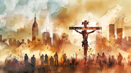 A watercolor painting depicting Jesus Christ on the cross against a backdrop of a bustling modern city. The scene evokes a sense of spiritual contrast between ancient faith and contemporary life.の素材