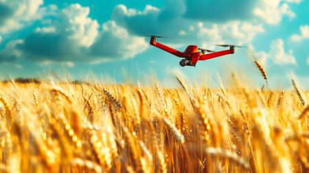 A red drone flies above a golden wheat field against a backdrop of a blue sky with fluffy white clouds.の素材