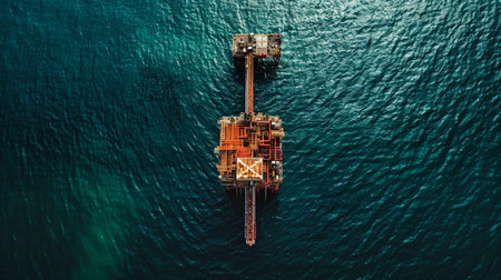 An aerial view of an oil and gas production platform located in the middle of a vast ocean.の素材