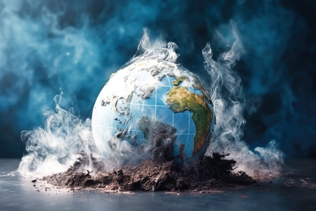 A globe engulfed in smoke, representing the devastating environmental catastrophe affecting our planet.の素材