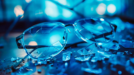 A pair of broken glasses lie on a surface, shattered into pieces, with a blue light reflecting off the shards.の素材
