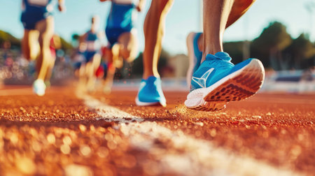 A close-up of runners sneakers as they race on a red track during a sunny afternoon.の素材
