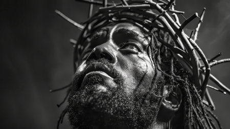 A close-up, black and white photograph of a Black Jesus Christ, looking up towards the sky, wearing a crown of thorns.の素材