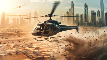 A helicopter lifts off from a sandy desert, kicking up dust as it rises toward the morning sun and a backdrop of tall city skyscrapers.の素材