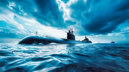 A submarine sails through the ocean, the dark gray hull contrasting with the deep blue water and dramatic sky.の素材