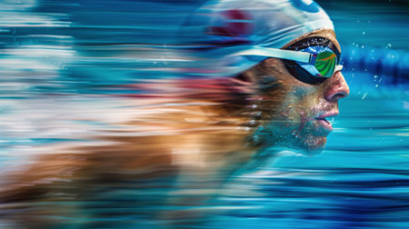 A swimmer glides through the water, their face focused and determined, as they make their way through the pool. The blurry background emphasizes their speed and power.の素材