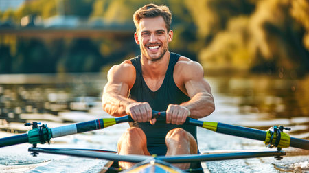 A muscular man rows a boat, with a determined look on his face, as the sun sets in the background, casting a warm glow on the water.の素材