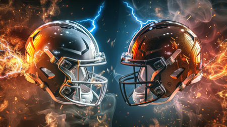 A digital illustration of two football helmets facing off, surrounded by fiery sparks and lightning bolts, symbolizing the intensity and drama of the sport.の素材