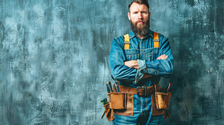 Confident worker in overalls and tool belt stands against blue wall, arms crossed, ready for work.の素材