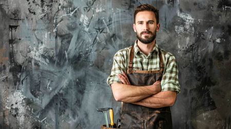 A worker with a beard, dressed in a plaid shirt and leather apron, stands with crossed arms against a textured wall, ready for a day of work.の素材