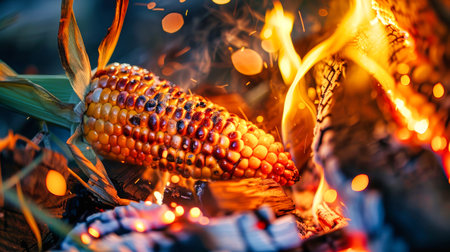 A close-up of a roasted corn cob on a bed of glowing embers. The corn is charred and golden, with the flames of the campfire dancing around it.の素材