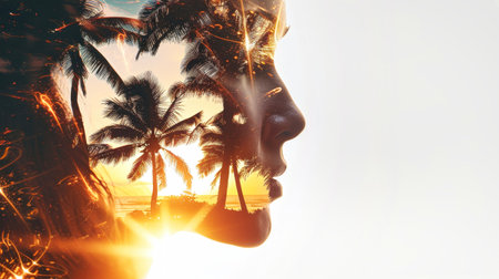 A double exposure photograph of a womans face overlaid with an image of palm trees on a beach at sunset. The image is a blend of realism and surrealism.の素材