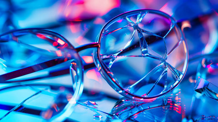 A close-up of a broken pair of glasses lying on a surface, with a blue and pink neon glow reflecting off the shattered lens.の素材