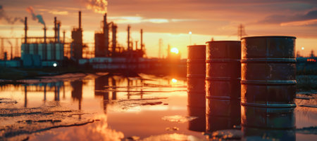 Stacked oil barrels stand in front of an active oil refinery at sunset, reflecting the fiery glow in a puddle of water.の素材