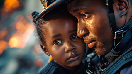A firefighter cradles a young child in his arms, offering comfort and protection amidst the smoldering ruins of a fire.の素材