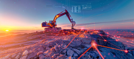 A massive excavator on a mountain peak in the sunset glow, connected to a digital display by red lines and white dots, creating a futuristic sceneの素材