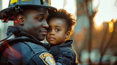 A firefighter in full uniform cradles a young child in his arms, their faces reflecting a shared moment of tenderness and strength.の素材