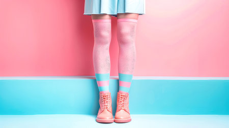 A close-up shot of a pair of female legs wearing striped stockings and pink boots, standing on a backdrop of pastel pink and blue.の素材