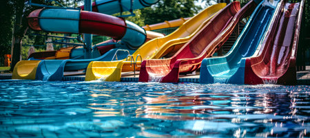 A vibrant water park, filled with exhilarating water slides, awaits adventurous guests seeking a refreshing summer escape.の素材