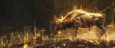 A golden bull symbolizing prosperity confidently stands on a stock market graph with rising bars and candles under cinematic lightingの素材
