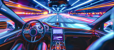 Inside a electric car with a high-tech dashboard showing real-time traffic, speeding along a lit highway at night with city lights in the backgroundの素材