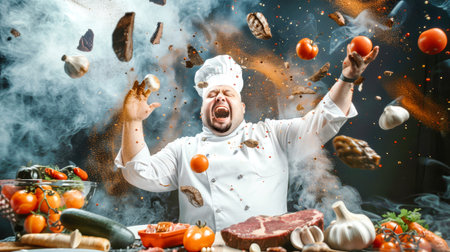 A cheerful chef tosses meats and vegetables, creating a lively atmosphere filled with flying ingredients and vibrant colors.の素材
