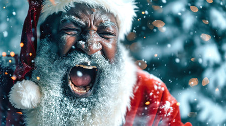 A cheerful dark-skinned Santa Claus joyfully slips and tumbles down a snowy slope, radiating happiness in a whimsical winter landscape.の素材