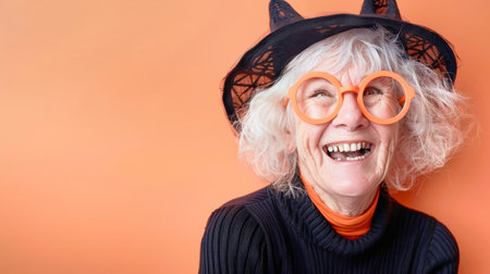 An elderly woman dressed as a witch beams with joy, sporting cat ears and bright glasses, against an eye-catching orange background.の素材