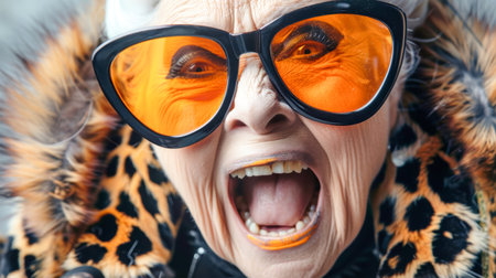 An ecstatic elderly woman dressed as a cat celebrates Halloween, wearing orange sunglasses and a striking black animal print fur coat against a bright background.の素材