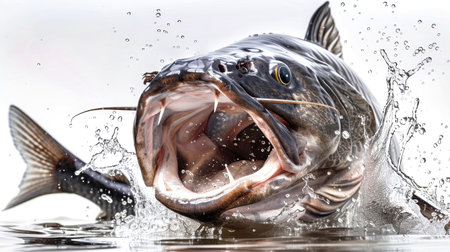 A fierce catfish erupts from the water, splashing droplets as its mouth opens wide in an angry display against a simple background.の素材