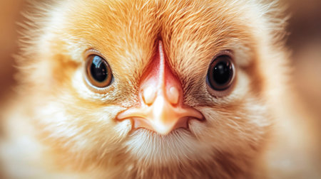 A delightful baby chick displays a playful expression, its wide eyes full of curiosity, perfectly accented by soft, fluffy feathers in a beautifully blurred background.の素材