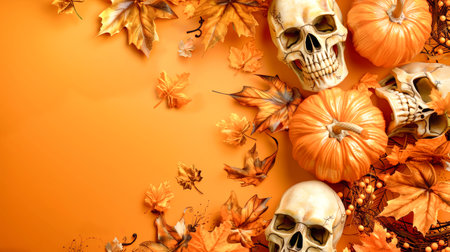 Festive array of skulls, pumpkins, and vibrant autumn leaves on an orange background, perfect for Halloween-themed design projects or decorations.の素材
