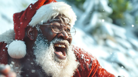A jubilant dark-skinned Santa Claus joyously tumbles down a snowy mountain, laughter echoing through a whimsical winter landscape filled with holiday cheer.の素材