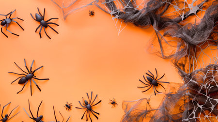 A vibrant Halloween setting showcases intricate cobwebs and realistic black spiders artistically arranged on orange and black paper.の素材
