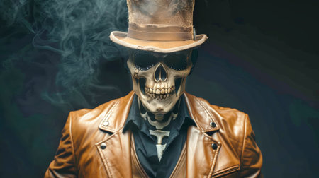 A man showcases a unique Halloween costume featuring a skull face, wearing a stylish brown leather suit and top hat, immersed in a dramatic atmosphere.の素材