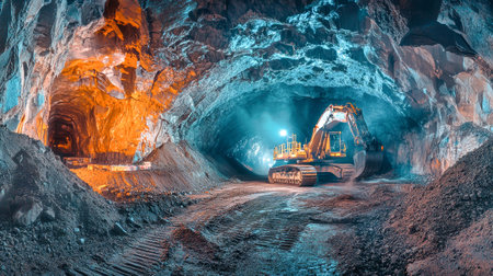 Heavy machinery operates in a vividly lit underground mine, showcasing blue, orange, and red hues in the cavernous landscape.の素材