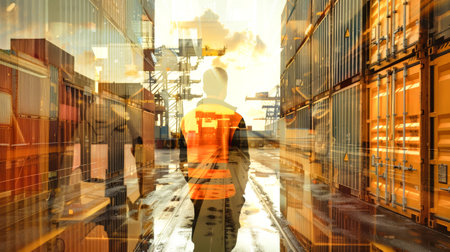 A logistics worker in a safety vest walks among cargo containers as sunlight filters through in a bustling warehouse setting.の素材