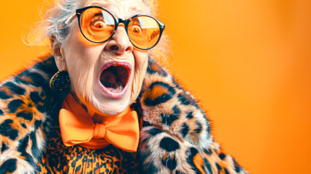 An elderly woman exuberantly screams at the camera, sporting orange sunglasses and a chic animal print coat, perfectly capturing the spirit of Halloween.の素材