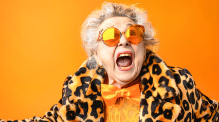 An elderly woman in an animal print fur coat and orange bow tie screams with joy, embracing the Halloween spirit on a bright orange backdrop.の素材