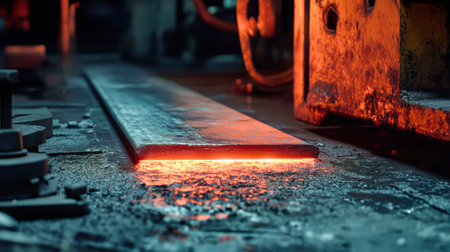 A hot steel bar gleams vividly as it is immersed in the workshop's floor, surrounded by the rustic atmosphere of metalwork.の素材