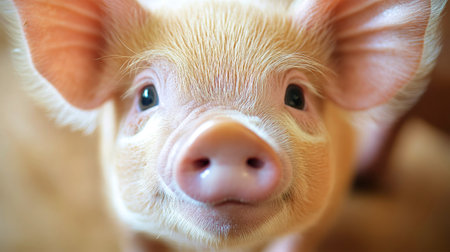 A piglet stars wide-eyed at the camera, exuding innocence and curiosity in a warm, inviting atmosphere.の素材