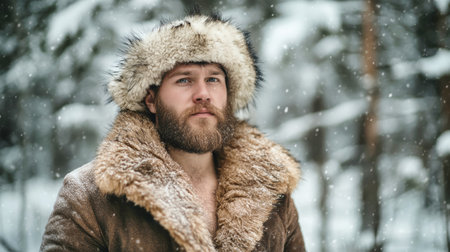 In the heart of a snow-covered taiga, a bearded man dons a fur hat and sheepskin coat, embodying the spirit of winter's harsh beauty amidst the serene wilderness.の素材
