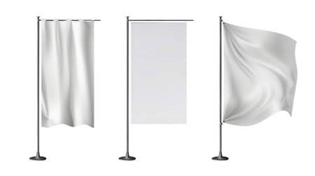 These elegant mockups showcase white blank flags on sturdy stands, ideal for personalized advertising and marketing in diverse environments, enhancing visual appeal.の写真素材