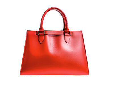A vibrant red handbag stands out against a clean white backdrop, radiating sophistication with its sleek lines and contemporary design, perfect for any occasion.の写真素材