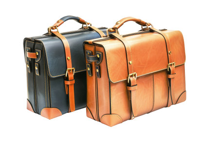 Two beautifully designed travel bags stand proudly, their shiny surfaces reflecting a blend of modern style and rustic allure, inviting wanderlust.の写真素材