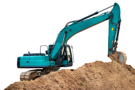 Robust machinery engages in earth excavation, skillfully maneuvering its arm to relocate sandy soil at a bustling construction site.の写真素材