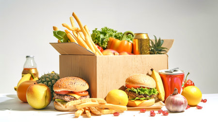 A delightful spread of burgers, fries, fruits, and beer inside a cardboard box, set against a clean white backdrop, inviting a cheerful feast.の素材