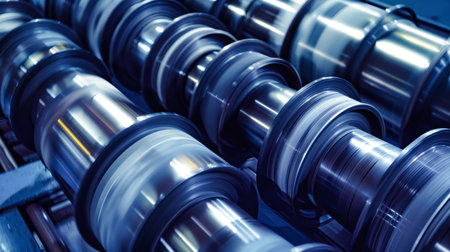 High-speed rolls of black printing material blur as they move through the industrial printing press, showing the efficient operation in a factory.の素材