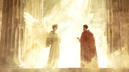 The angel, adorned in royal attire, beckons a kneeling Peter, surrounded by majestic columns and a radiant, heavenly glow.の素材